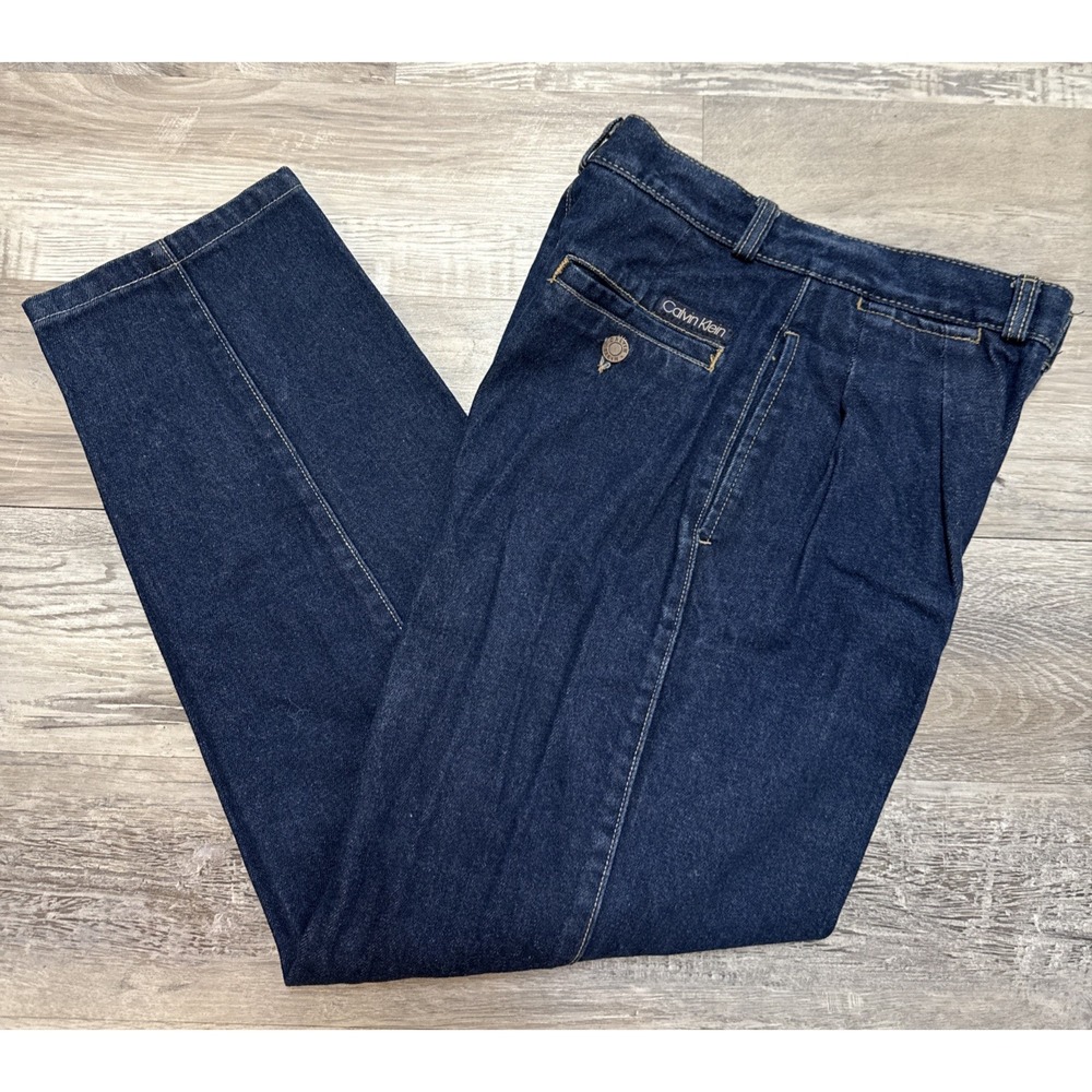 Vtg 90s Calvin Klein Blue Jeans Denim Tapered Leg High Waist‎ Mom Bareback Sz 7